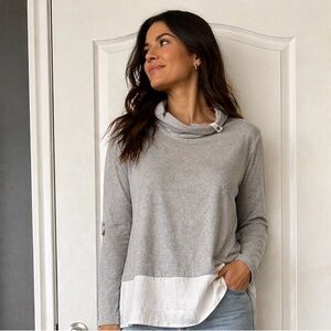 neon buddha Light Gray Long Sleeve Cowl Neck Top with White Hem
